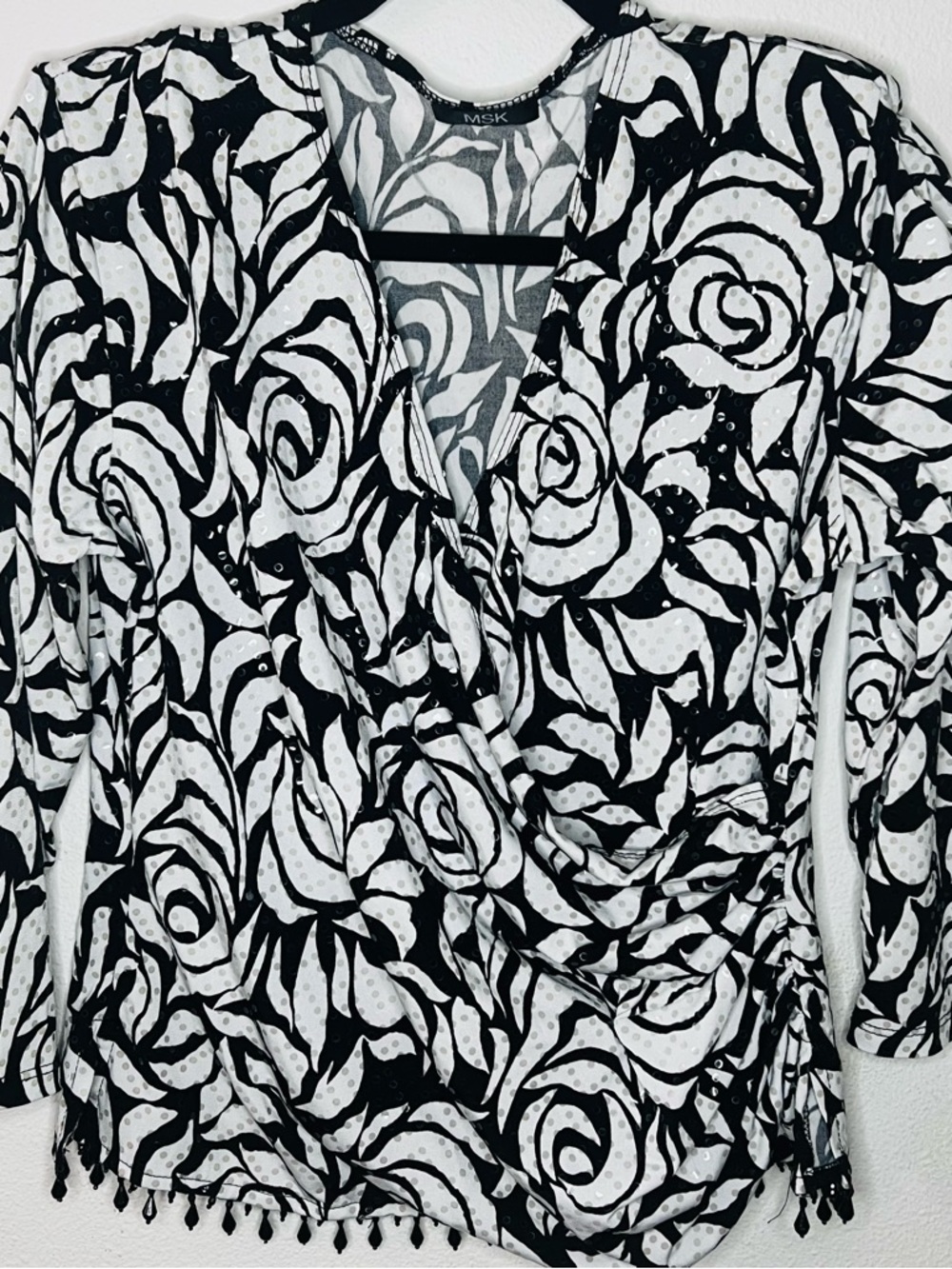 MSK Black & White Floral Wrap Blouse with Beaded Hem